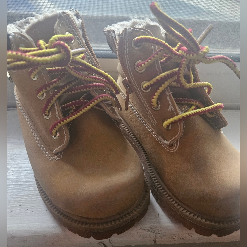 Toddler Tan Zip Up Wolverine Boots with Yellow and Red Laces